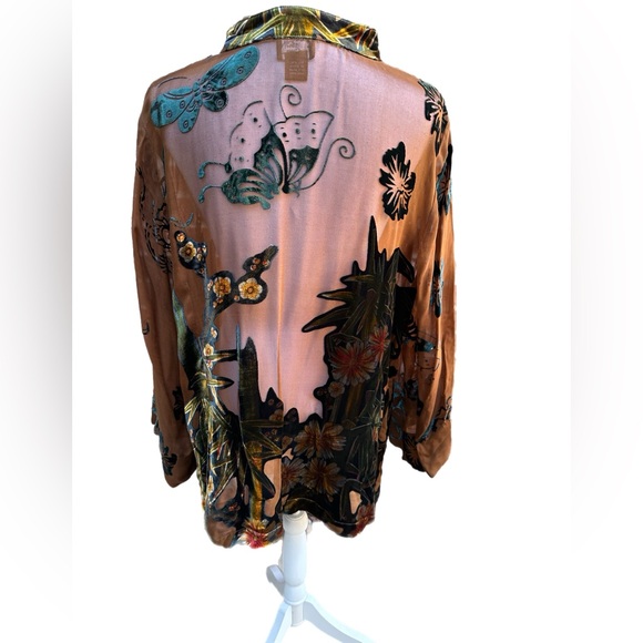 Citron Santa Monica Silk and Velvet Sheer Butterfly Floral Kimono Blouse 2X - Picture 2 of 13